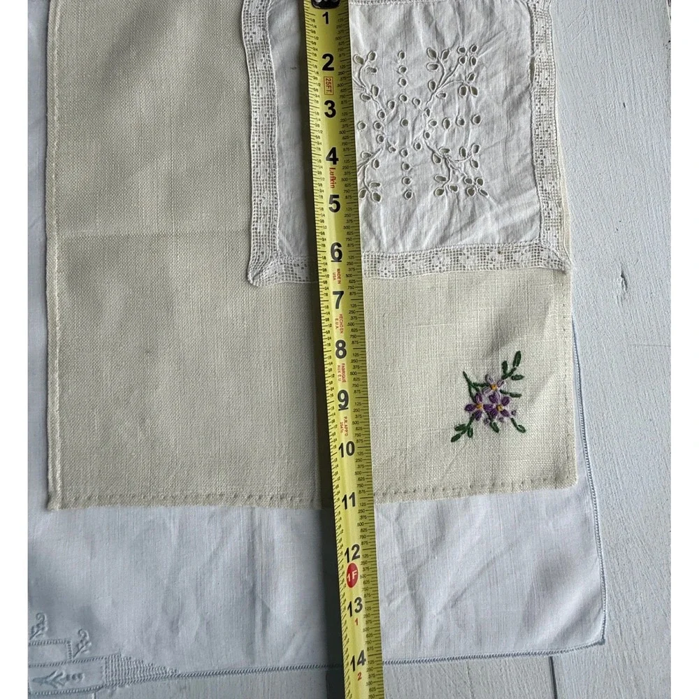 Vintage Embroidered Linen Lot 6 Cutwork Floral Table Linens Hankies